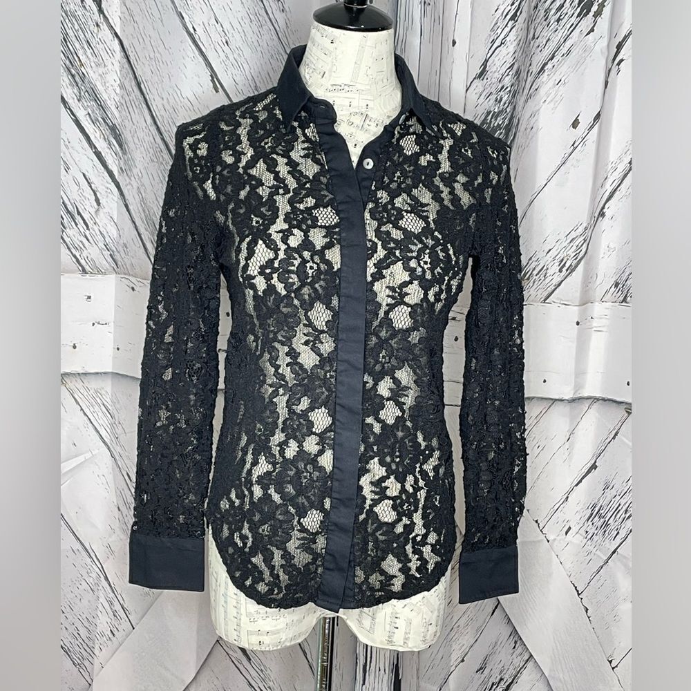 Gretchen Scott Lace Top Blouse Button Down Black Size XS
